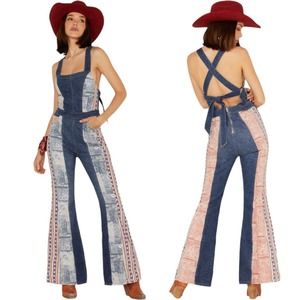 Free People Blue Dallas Denim Americana Combo Flare Hem Jumpsuit Size 0